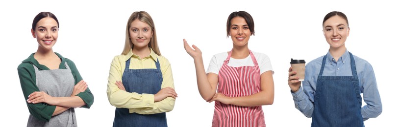 Image of Collage with photos of women in aprons on white background