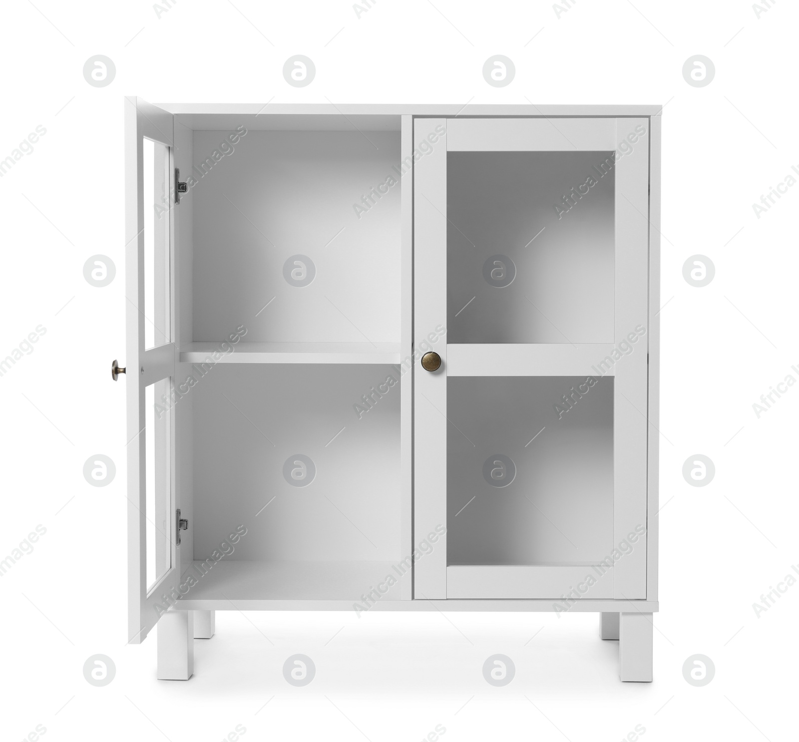 Photo of Empty wooden cabinet on white background. Stylish home furniture