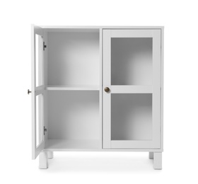 Empty wooden cabinet on white background. Stylish home furniture