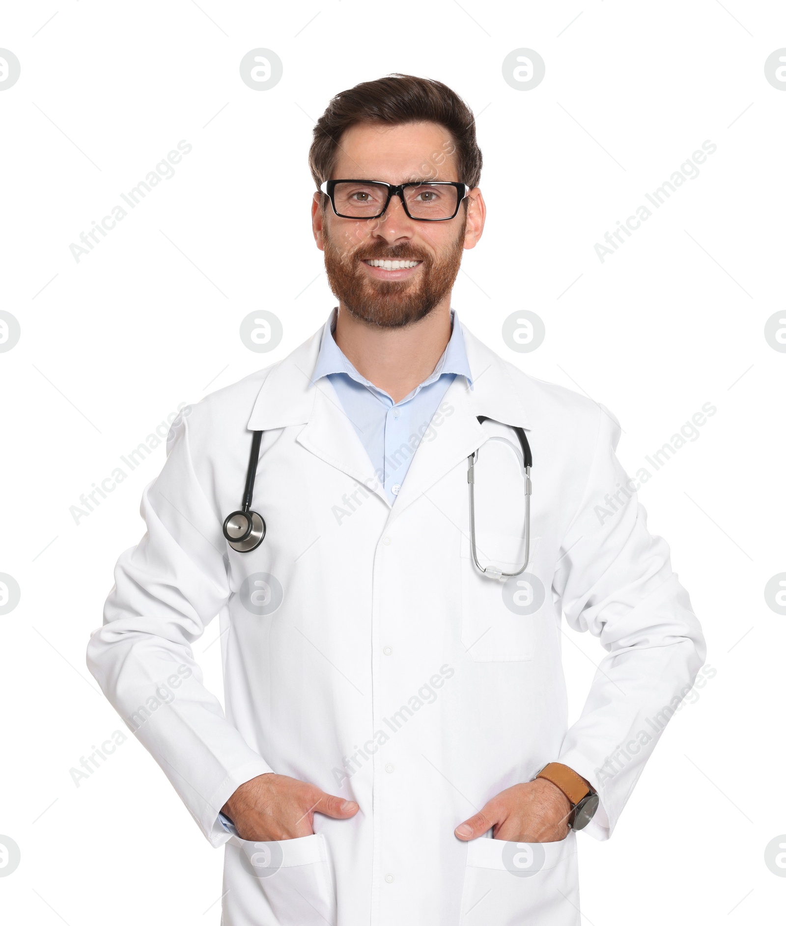 Photo of Portrait of doctor with stethoscope on white background