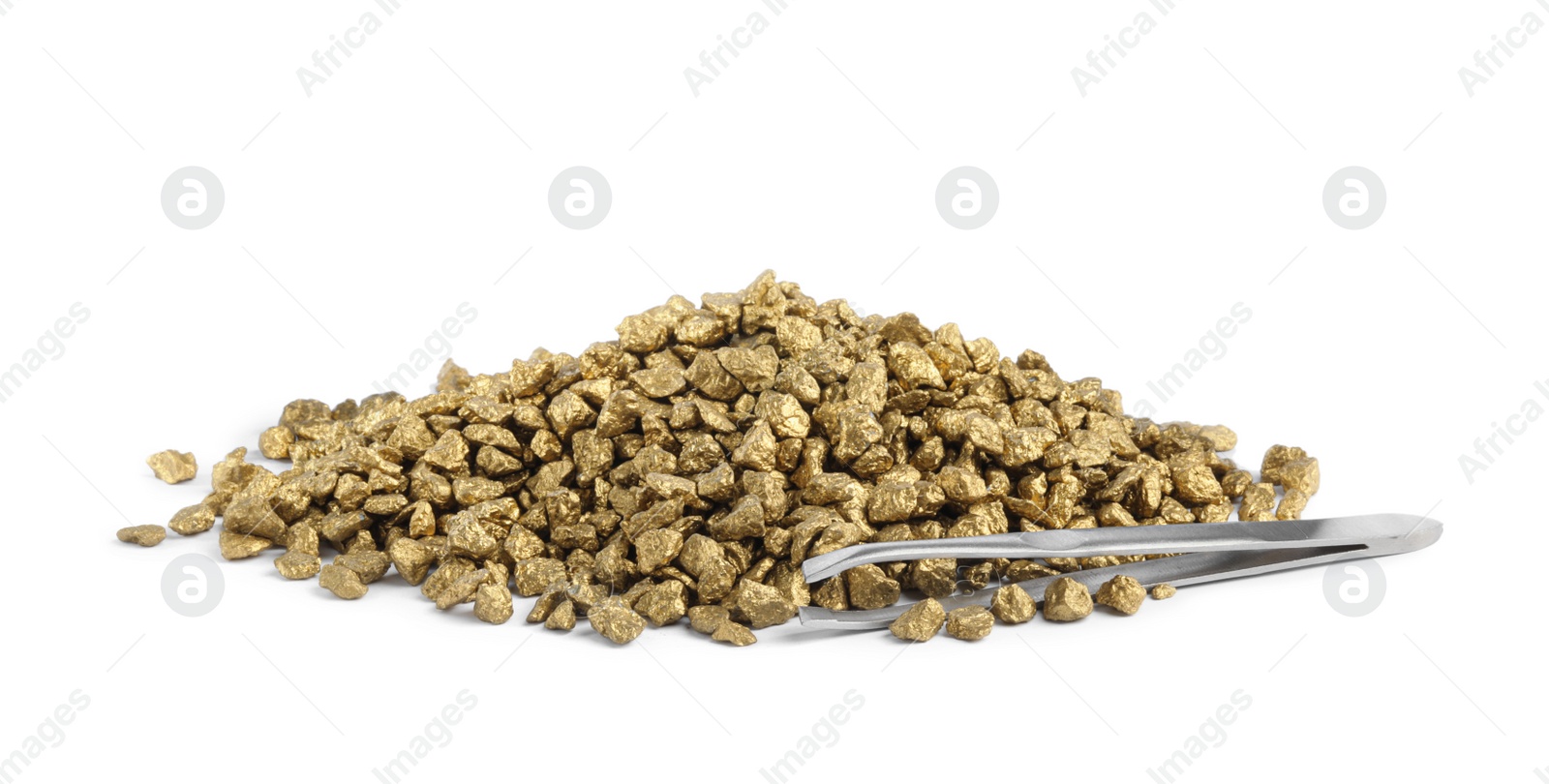 Photo of Pile of gold nuggets and tweezers on white background