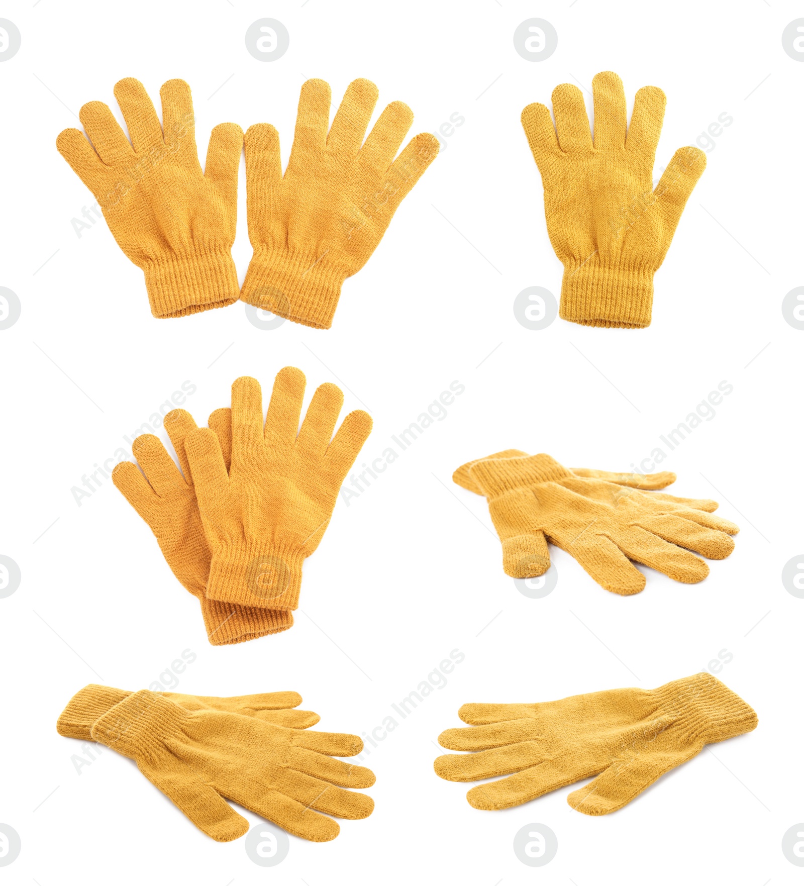 Image of Set of yellow woolen gloves on white background