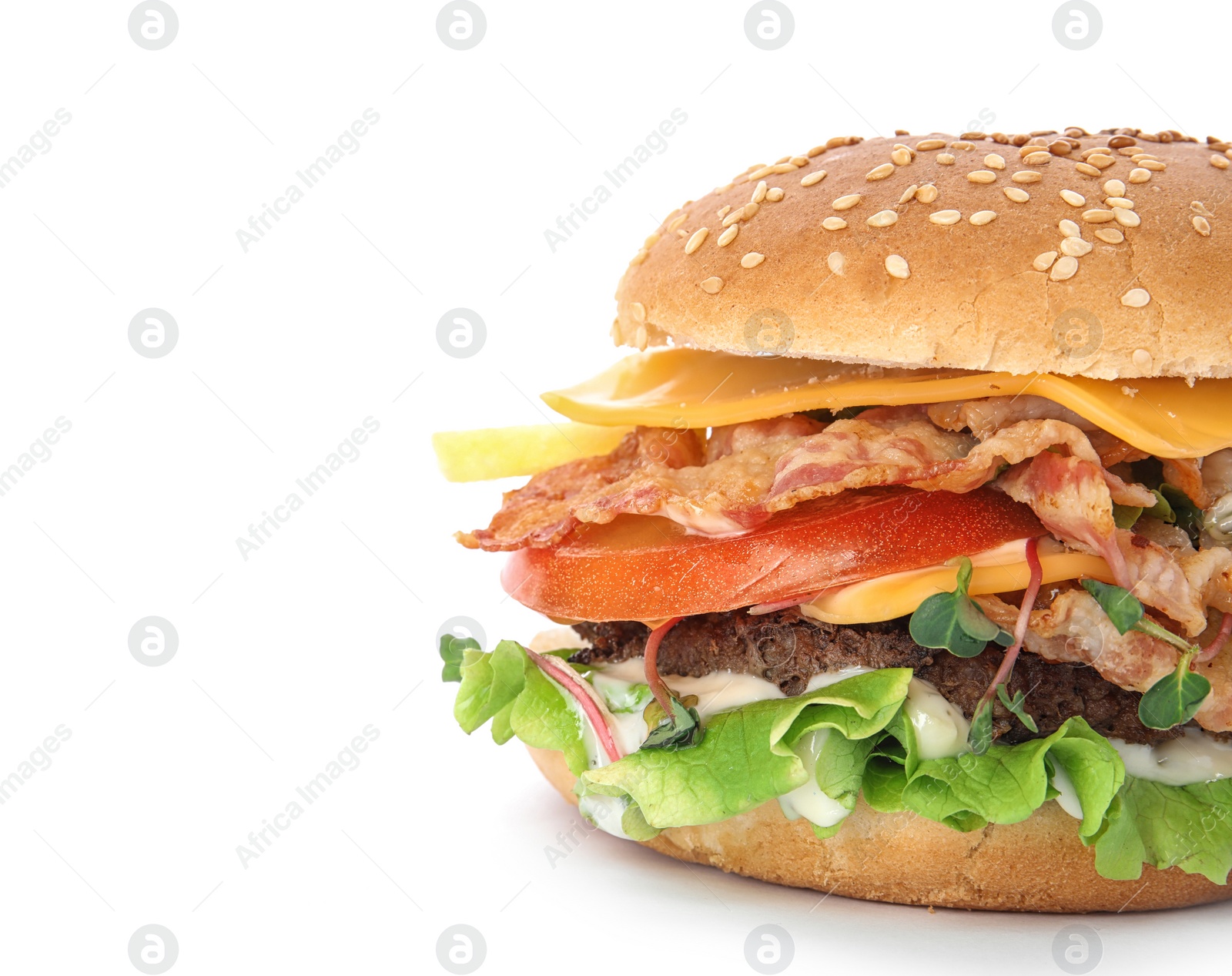 Photo of Tasty burger with bacon isolated on white