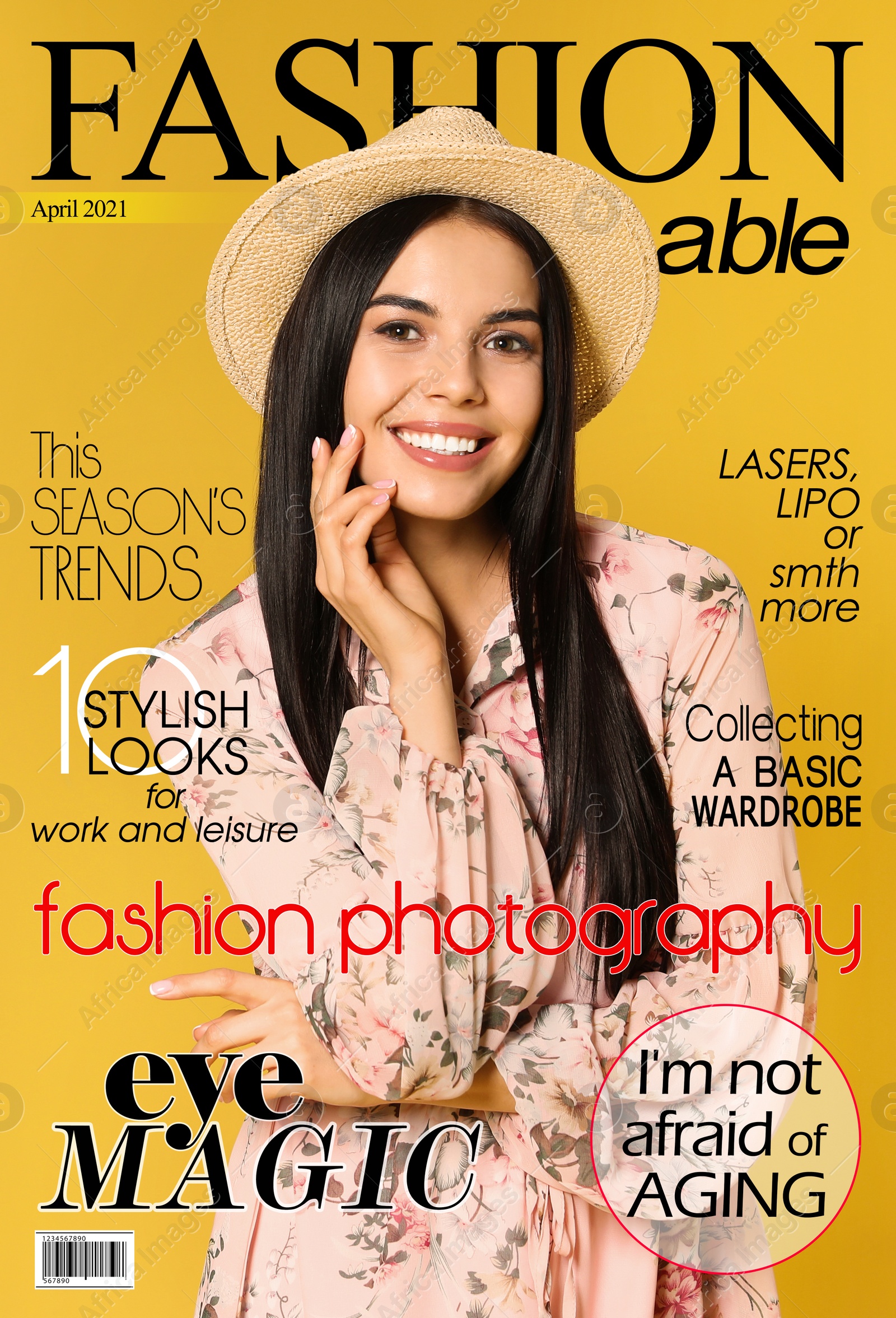 Image of Fashion magazine cover design. Young woman wearing floral print dress and straw hat on yellow background