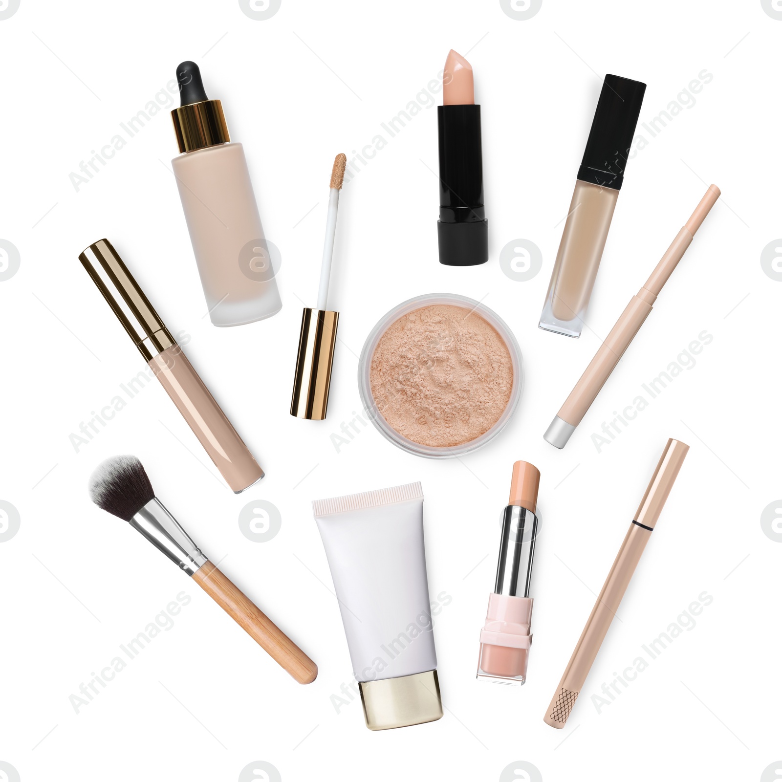 Image of Face powder, concealers, liquid foundations and brush isolated on white. Collection of makeup products
