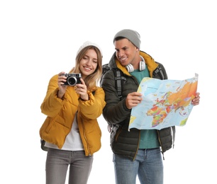 Couple with map and camera on white background. Winter travel