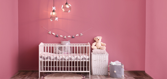 Image of Baby room interior with comfortable crib. Banner design