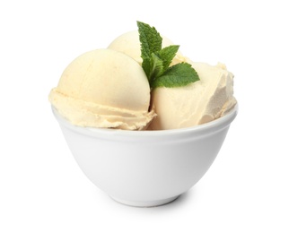 Photo of Delicious vanilla ice cream with mint in dessert bowl on white background