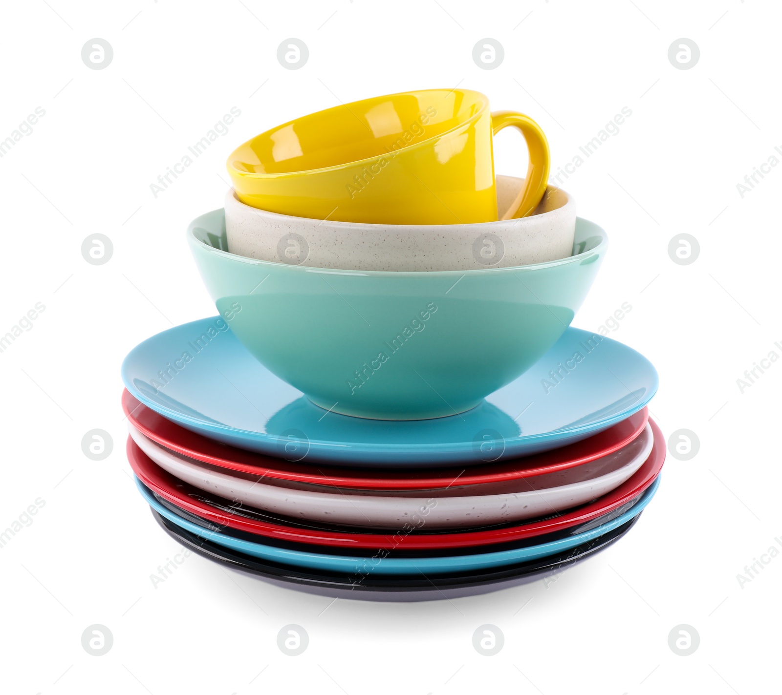 Photo of Set of bright clean tableware isolated on white