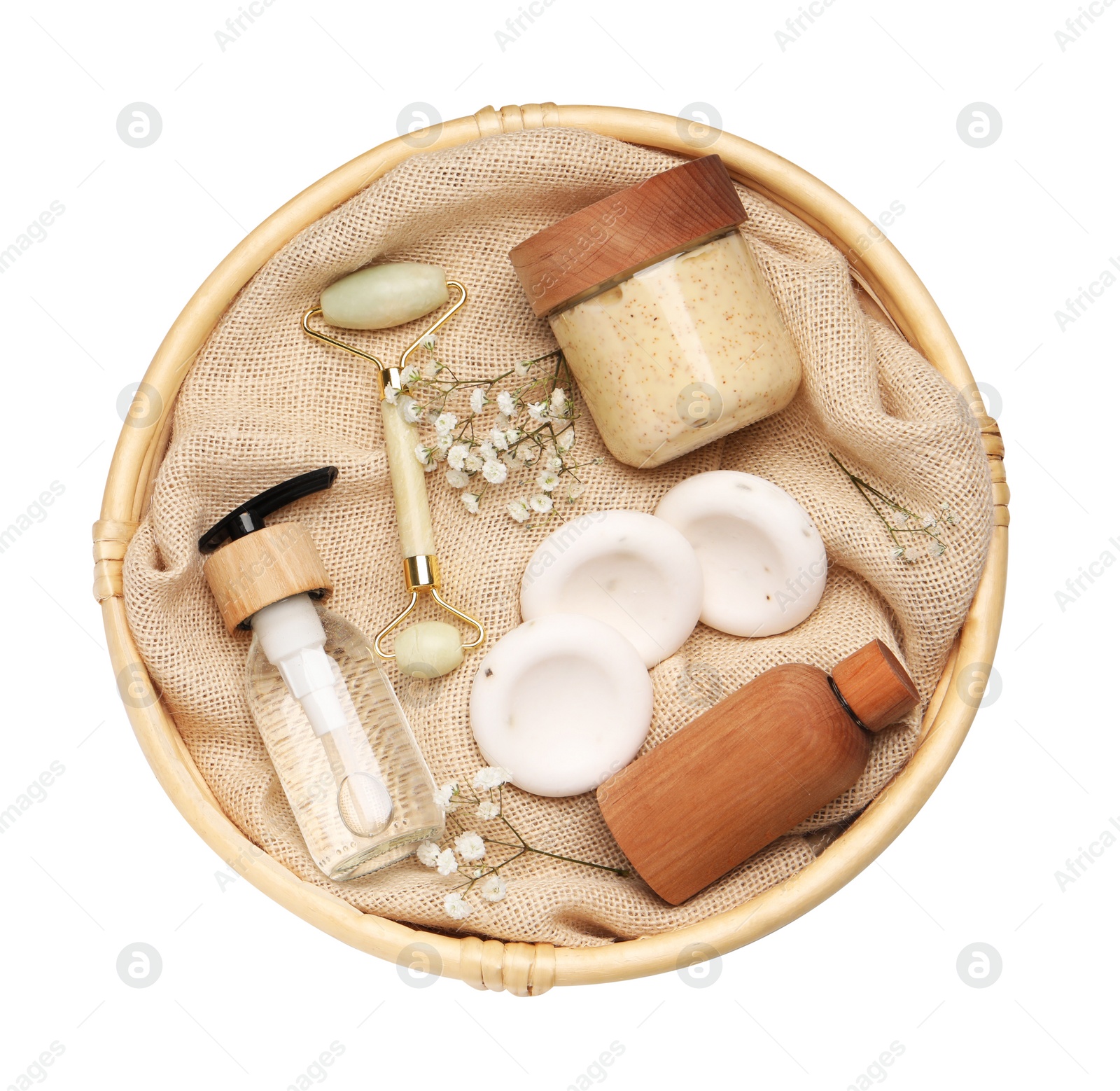 Photo of Spa gift set with personal products isolated on white, top view