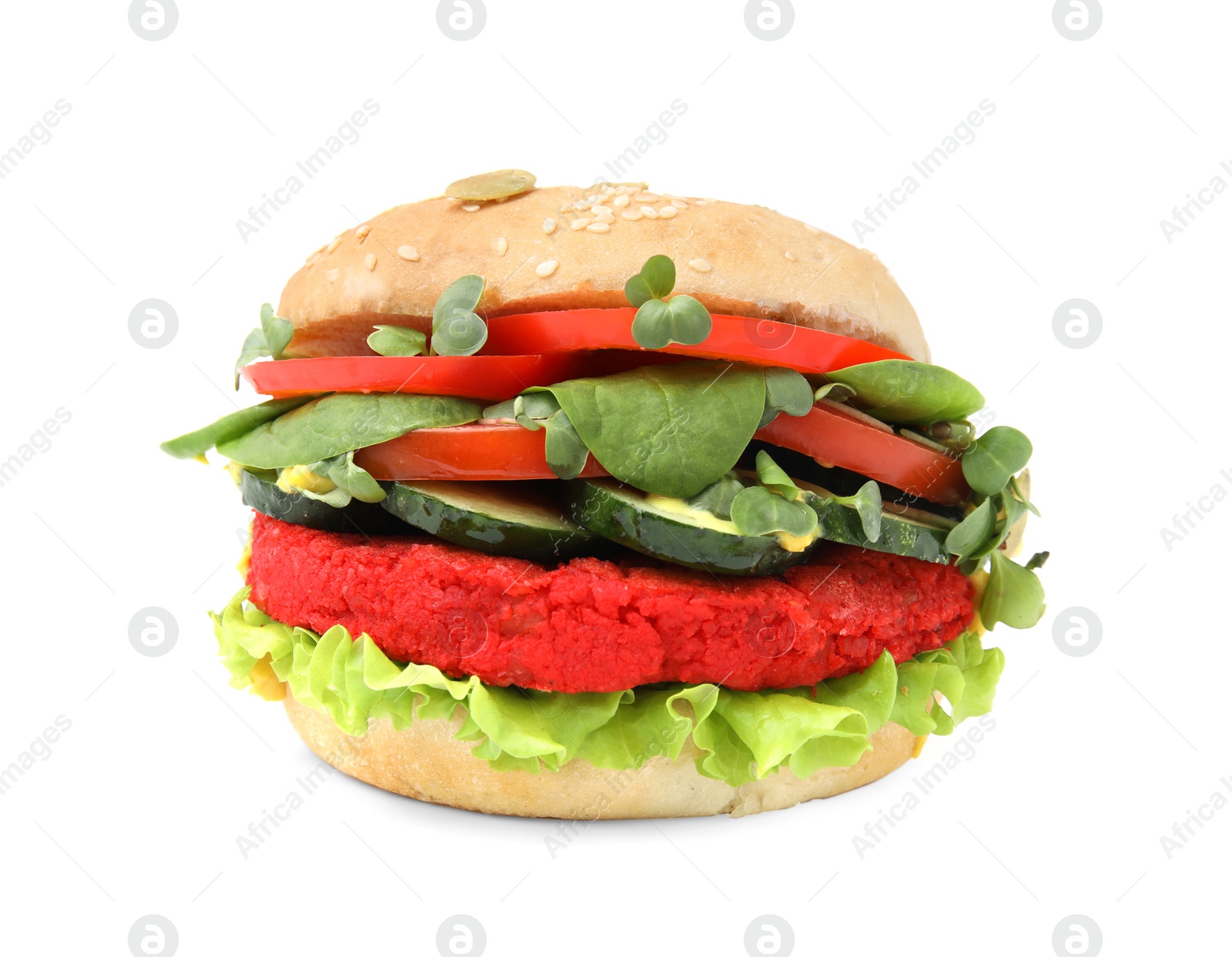 Photo of Tasty vegan burger with vegetables, patty and microgreens isolated on white