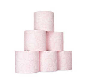 Photo of Rolls of toilet paper on white background