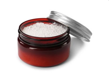 Jar of tooth powder on white background