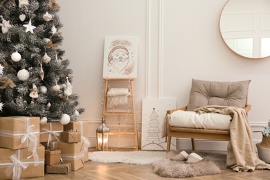 Beautiful Christmas pictures in festive room interior