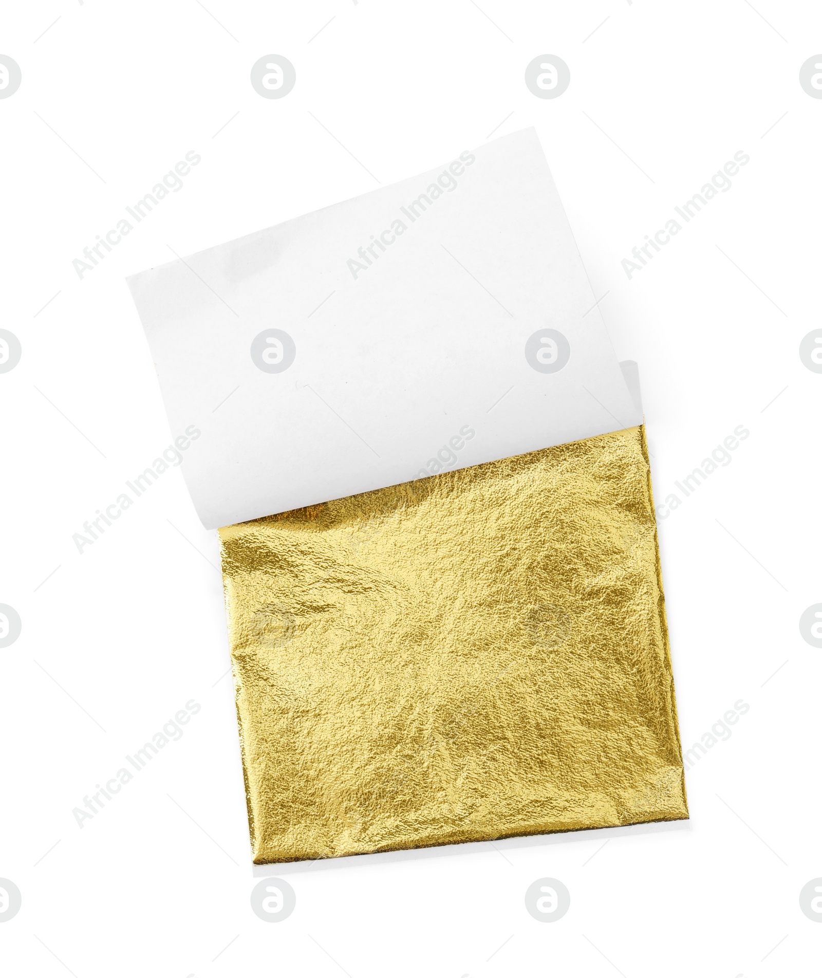 Photo of One edible gold leaf sheet isolated on white, top view