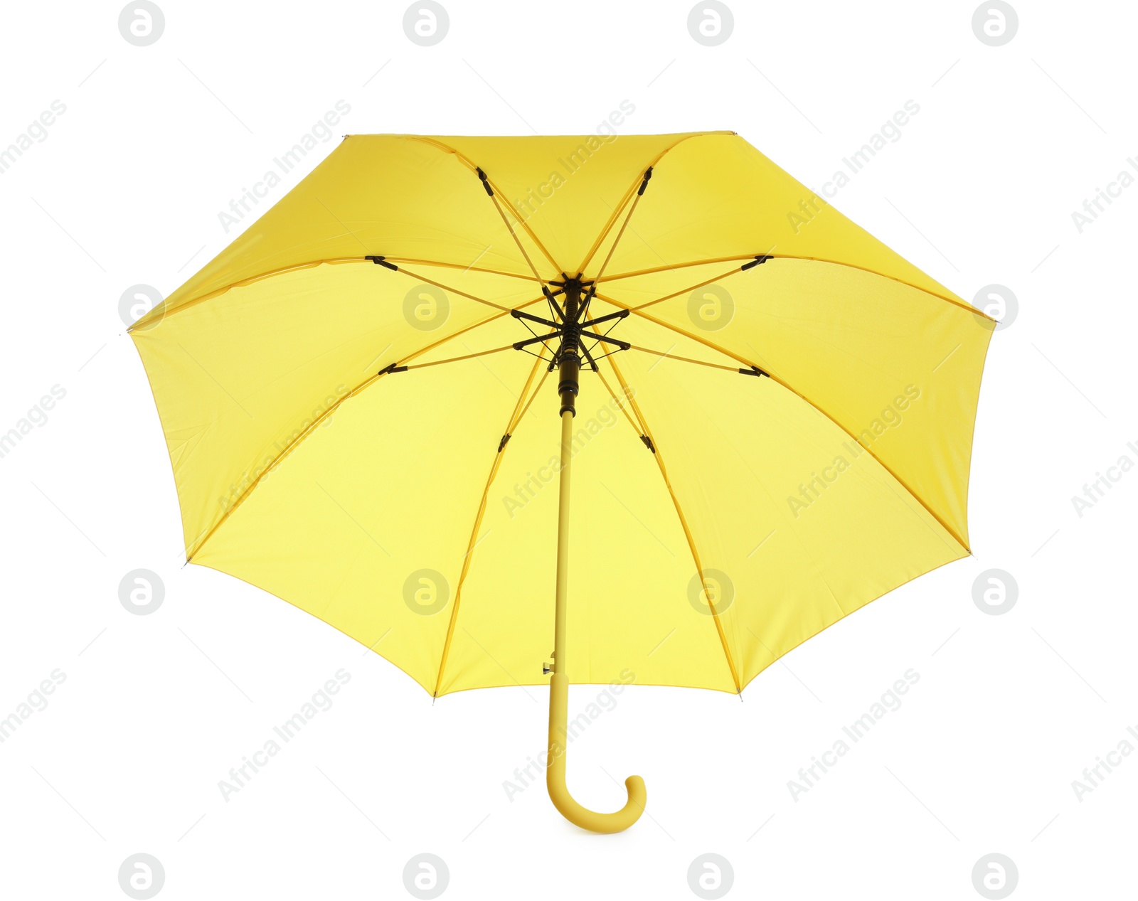 Photo of Stylish open yellow umbrella isolated on white