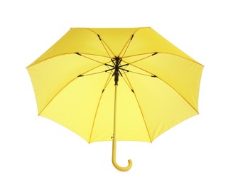 Photo of Stylish open yellow umbrella isolated on white