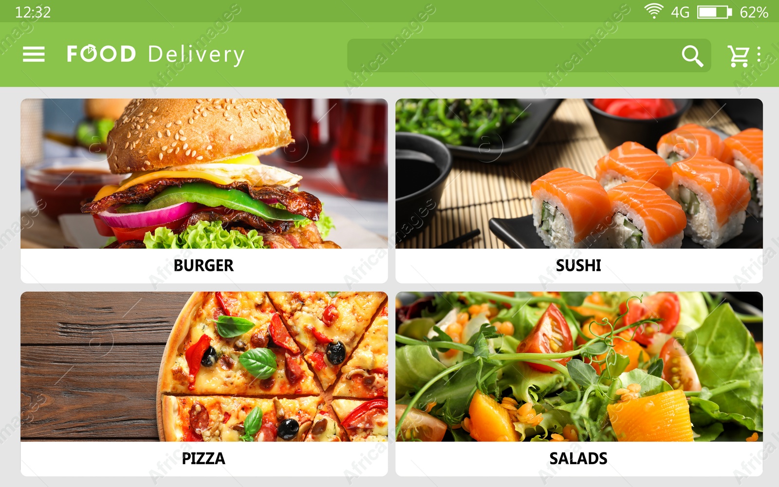 Image of Food delivery app. Display with appetizing menu