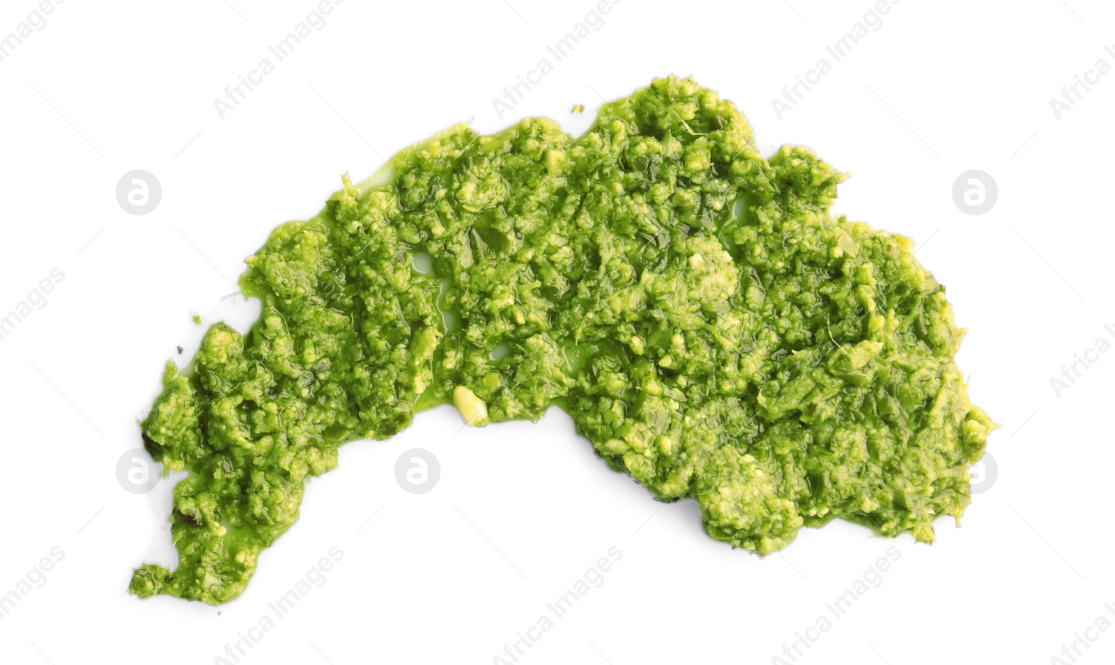 Photo of Tasty pesto sauce isolated on white, top view