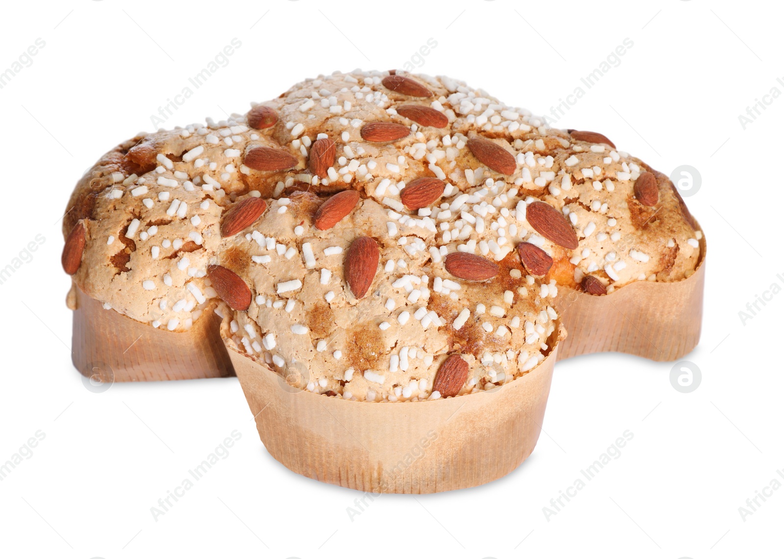 Photo of Delicious Italian Easter dove cake (Colomba di Pasqua) decorated with sugar and almonds on white background