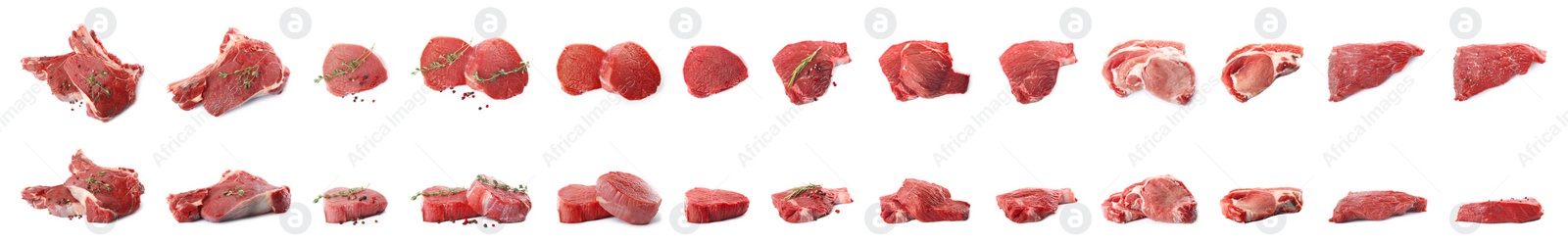 Image of Set of fresh raw beef steaks isolated on white. Banner design