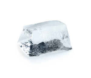 Photo of Transparent ice cube melting on white background