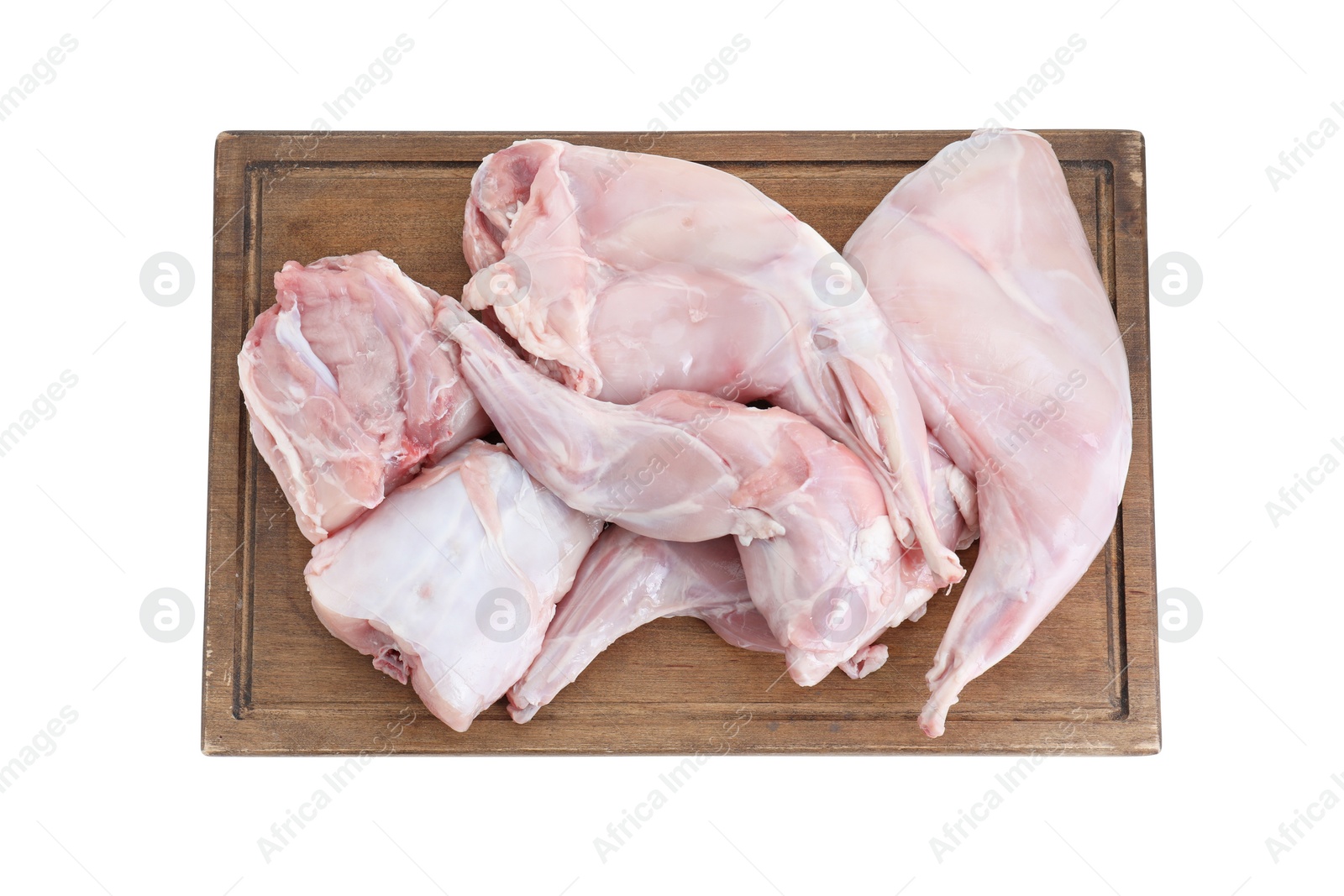 Photo of Fresh raw rabbit legs isolated on white, top view
