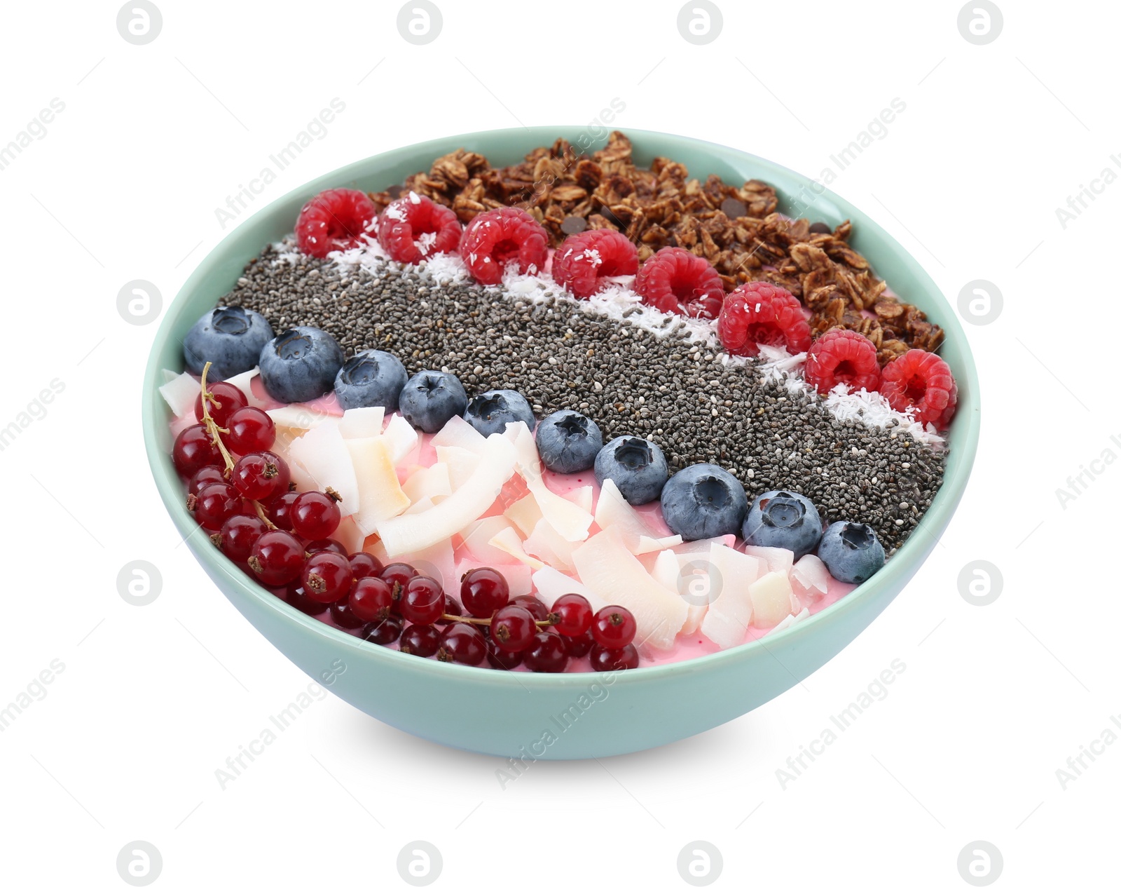 Photo of Tasty smoothie bowl with fresh berries and granola isolated on white