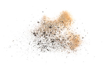 Pile of brown dust scattered on white background, top view