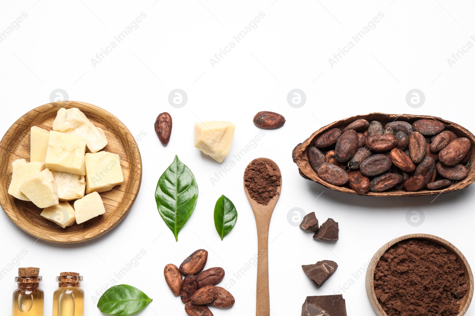 Photo of Composition with organic cocoa butter on white background, top view