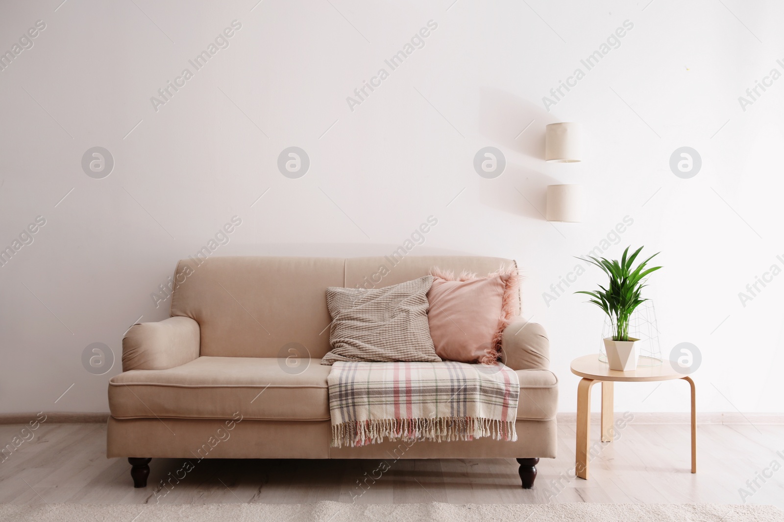 Photo of Modern living room interior with comfortable sofa. Space for text