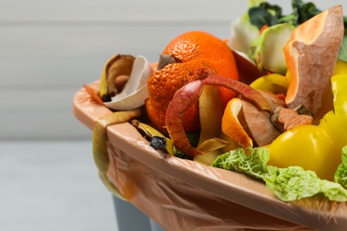 Photo of Trash bin with organic waste for composting on light background, closeup