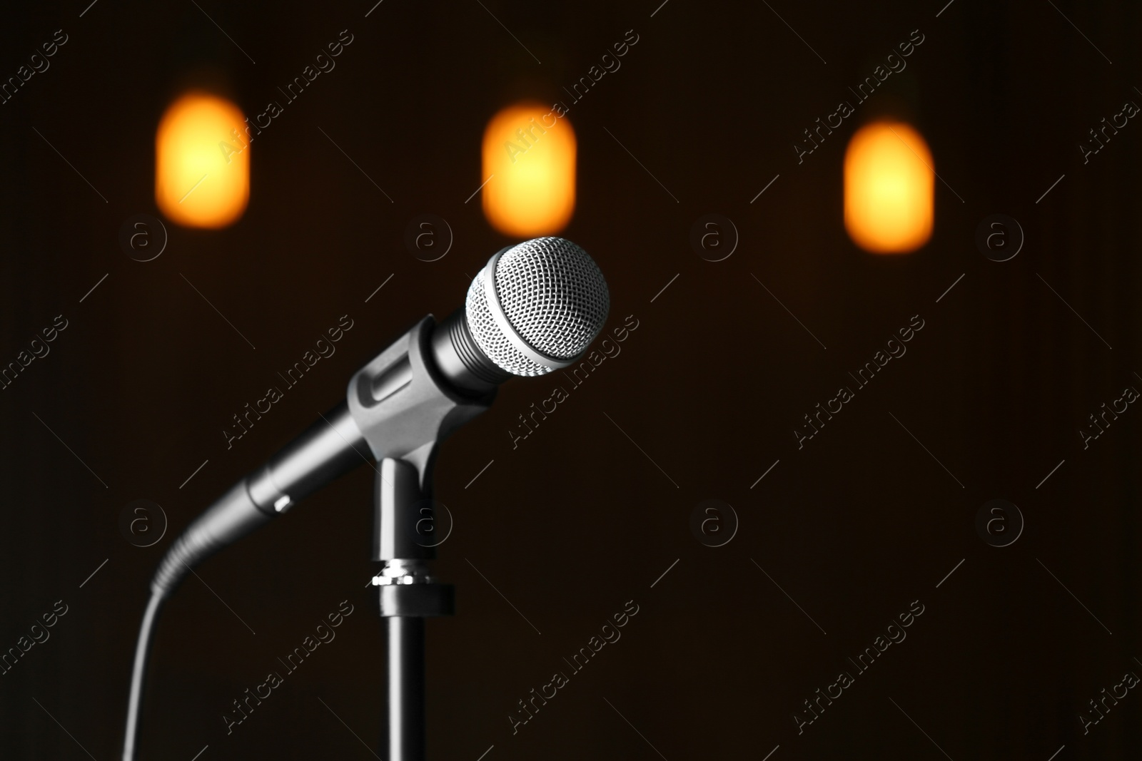 Photo of Microphone against festive lights, space for text