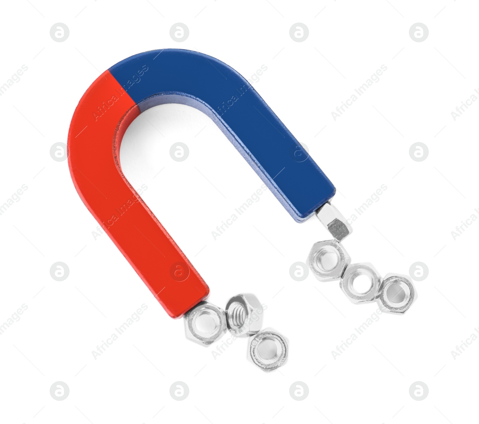 Photo of Magnet attracting metal nuts on white background, top view