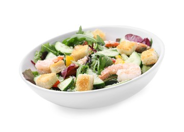 Photo of Delicious salad with croutons, cucumber and shrimp isolated on white