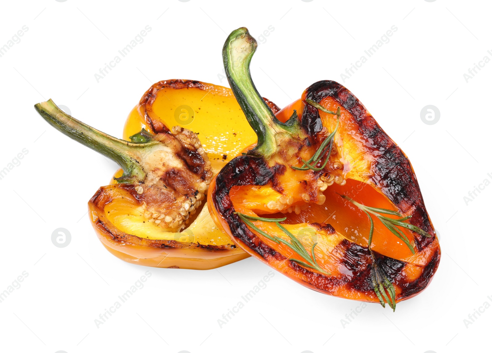 Photo of Tasty grilled bell peppers and rosemary isolated on white