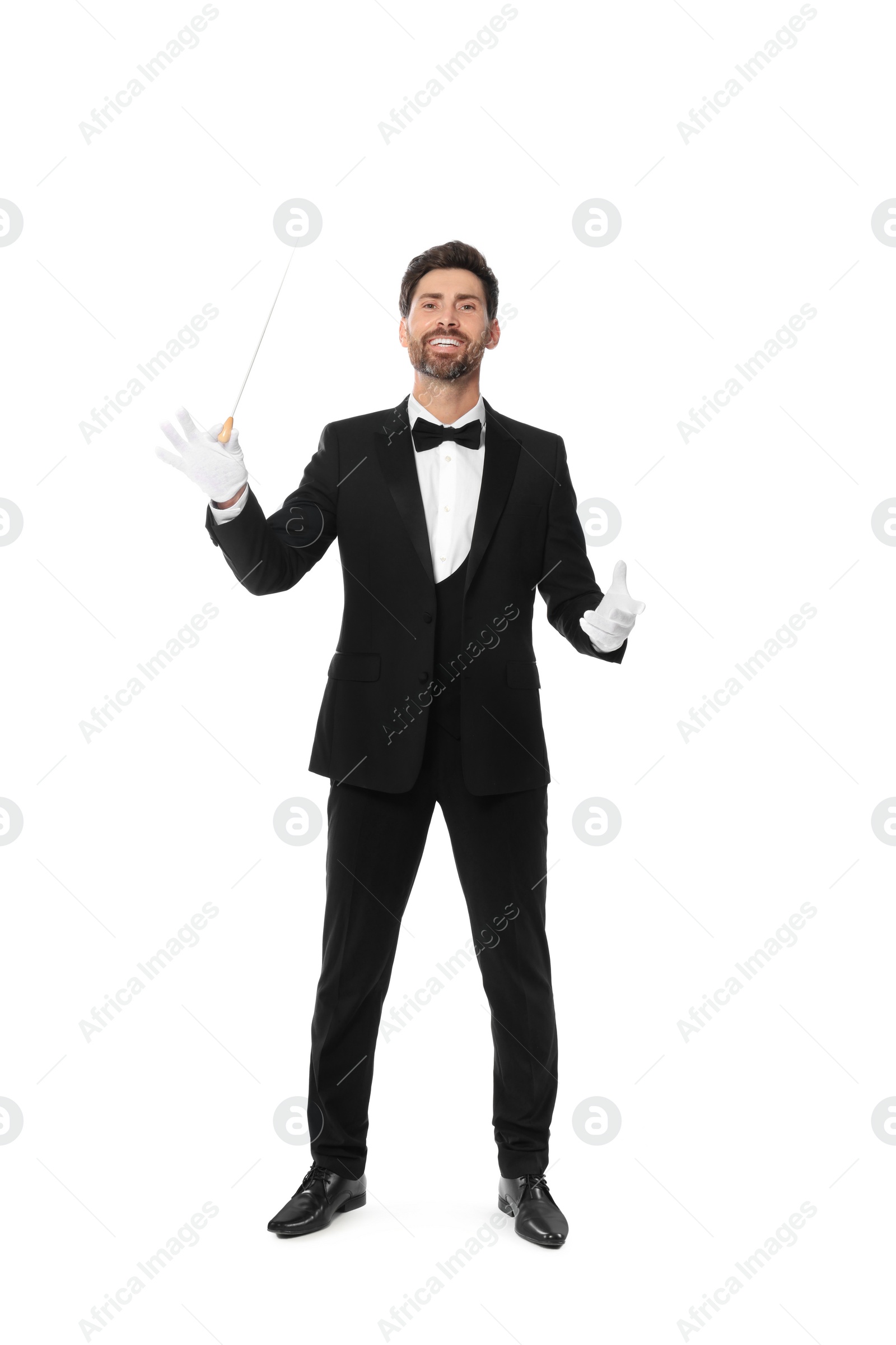 Photo of Happy professional conductor with baton on white background