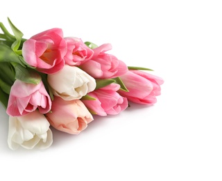 Beautiful spring tulips on white background. International Women's Day