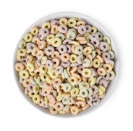 Photo of Tasty cereal rings in bowl isolated on white, top view