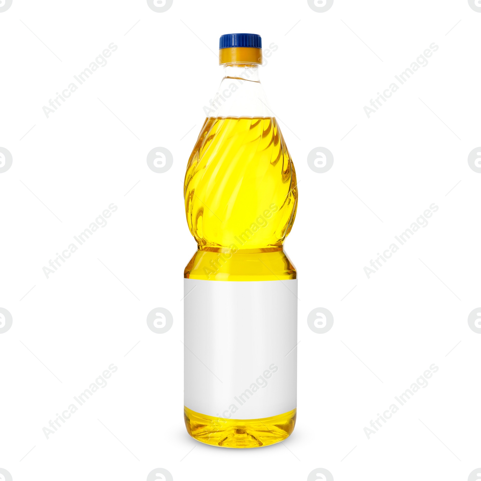 Image of Cooking oil in plastic bottle with empty label isolated on white. Mockup for design