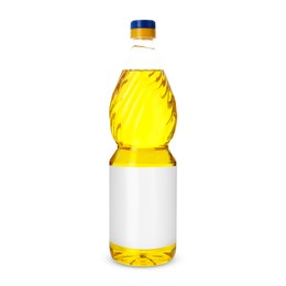 Image of Cooking oil in plastic bottle with empty label isolated on white. Mockup for design