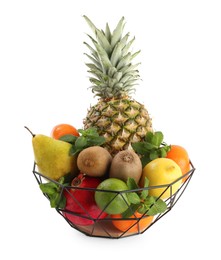 Photo of Fresh ripe fruits in metal bowl on white background