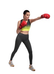 Beautiful woman in boxing gloves training on white background