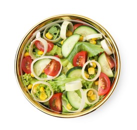 Bowl of tasty salad with leek, tomatoes and cucumbers isolated on white, top view