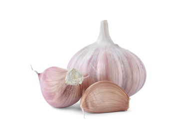 Fresh garlic bulb and cloves on white background