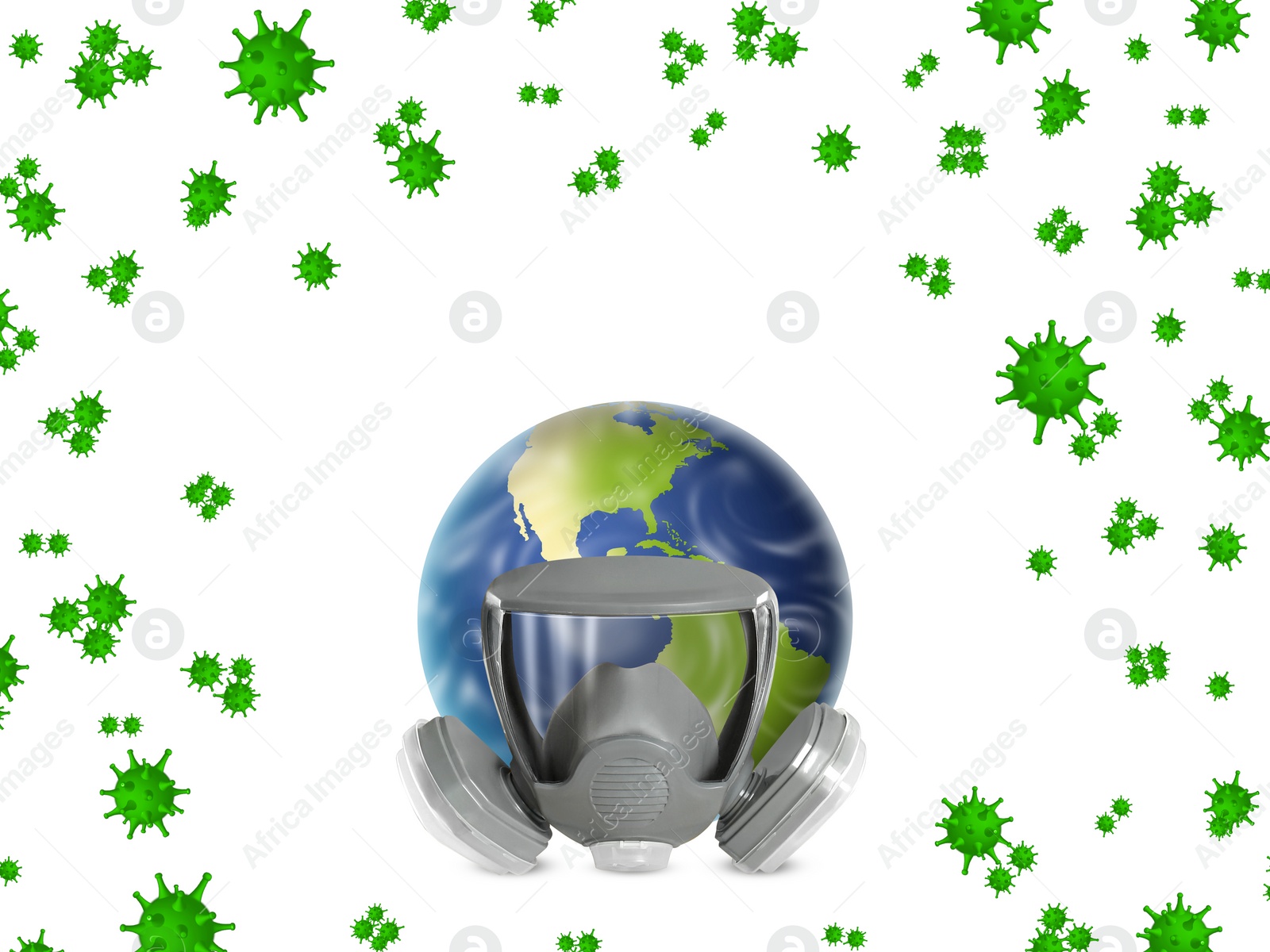 Image of Illustration of Earth with respirator on white background. Dangerous coronavirus