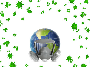 Image of Illustration of Earth with respirator on white background. Dangerous coronavirus