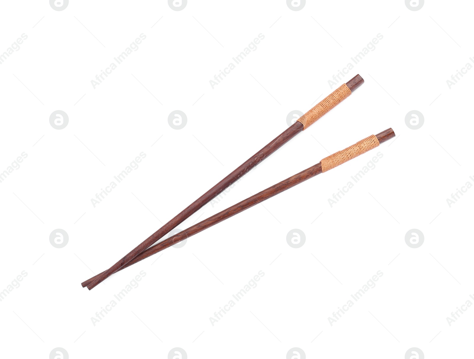 Photo of Pair of wooden chopsticks isolated on white, top view