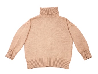 Pink turtleneck sweater isolated on white, top view