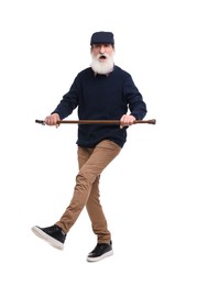 Photo of Emotional senior man with walking cane on white background
